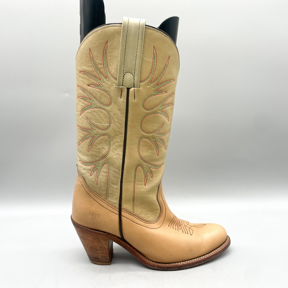 Frye Womens 8B Western Cowgirl Boots Tan Leather VTG USA 80s Coastal Boho Retro